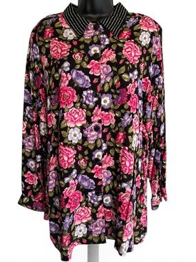 Vintage 90's Black Floral Long-Line Tunic Button-Up Blouse Size 22W